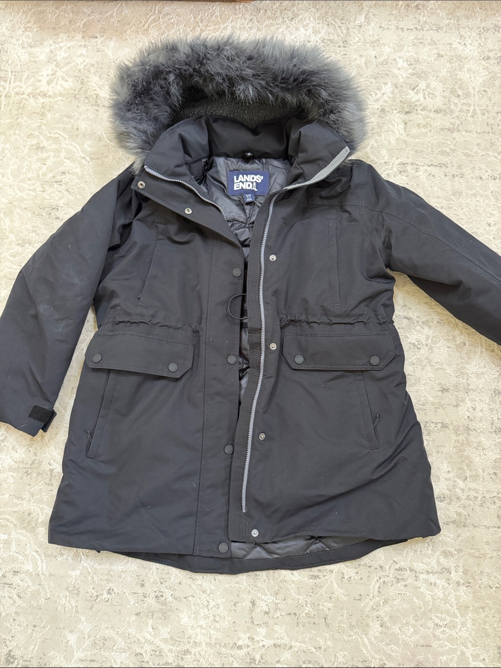 Lands' End Black Quilted Down Parka with Faux Fur Hood Trim